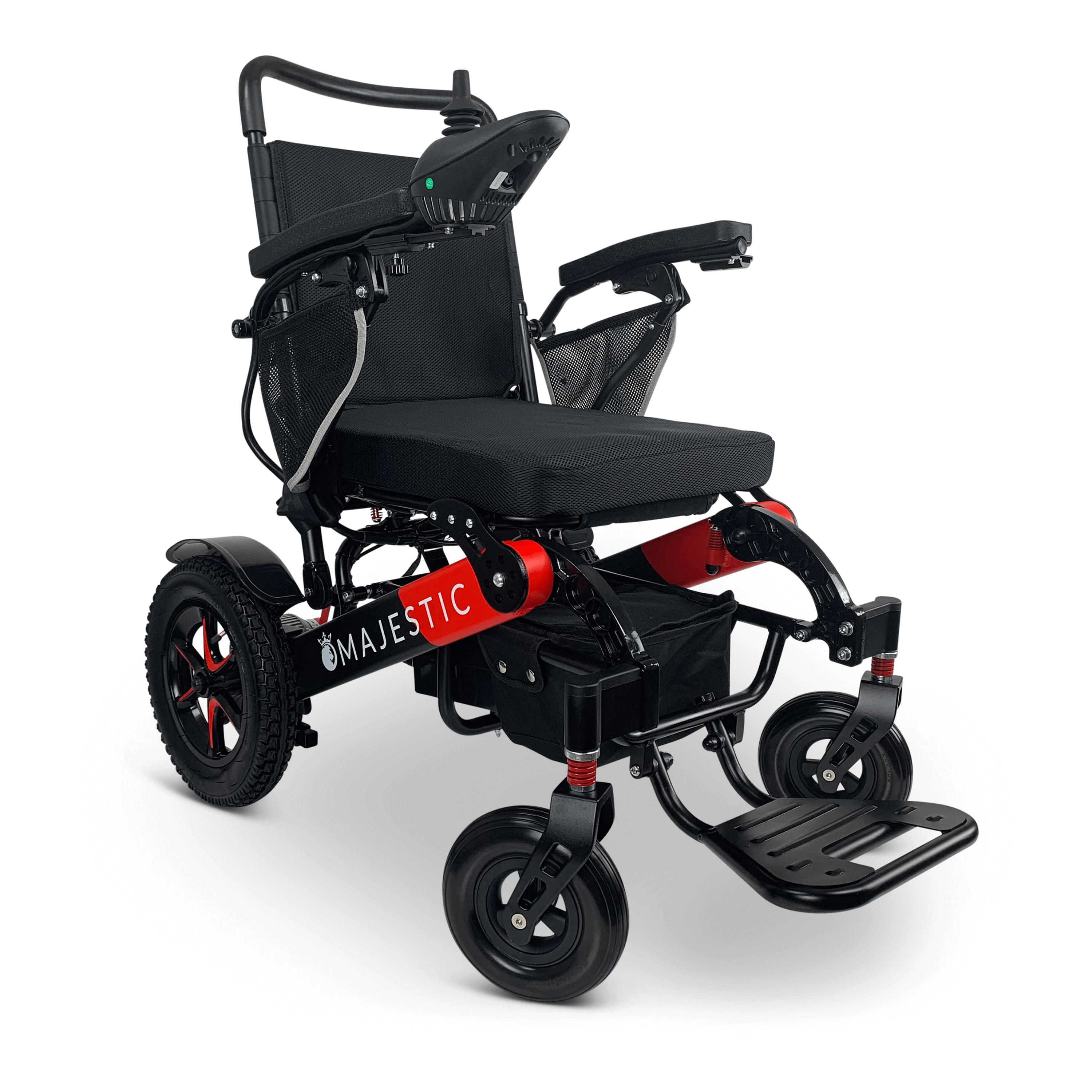 Introducing the MAJESTIC IQ-7000 Remote Controlled Electric Wheelchair: a stylish black and red electric wheelchair featuring a sturdy backrest, cushioned seat, and comfortable armrests. Its large rear wheels guarantee smooth mobility, with the control panel conveniently located on the right armrest. This lightweight wheelchair is also equipped with a foldable footrest for easy transport.